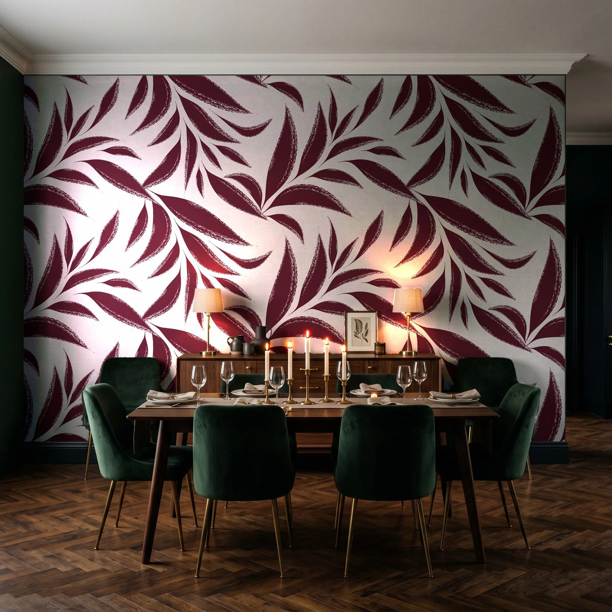 Ink Thicket Oxblood bold leaf wallpaper in a dark moody dining room with a candlelit table