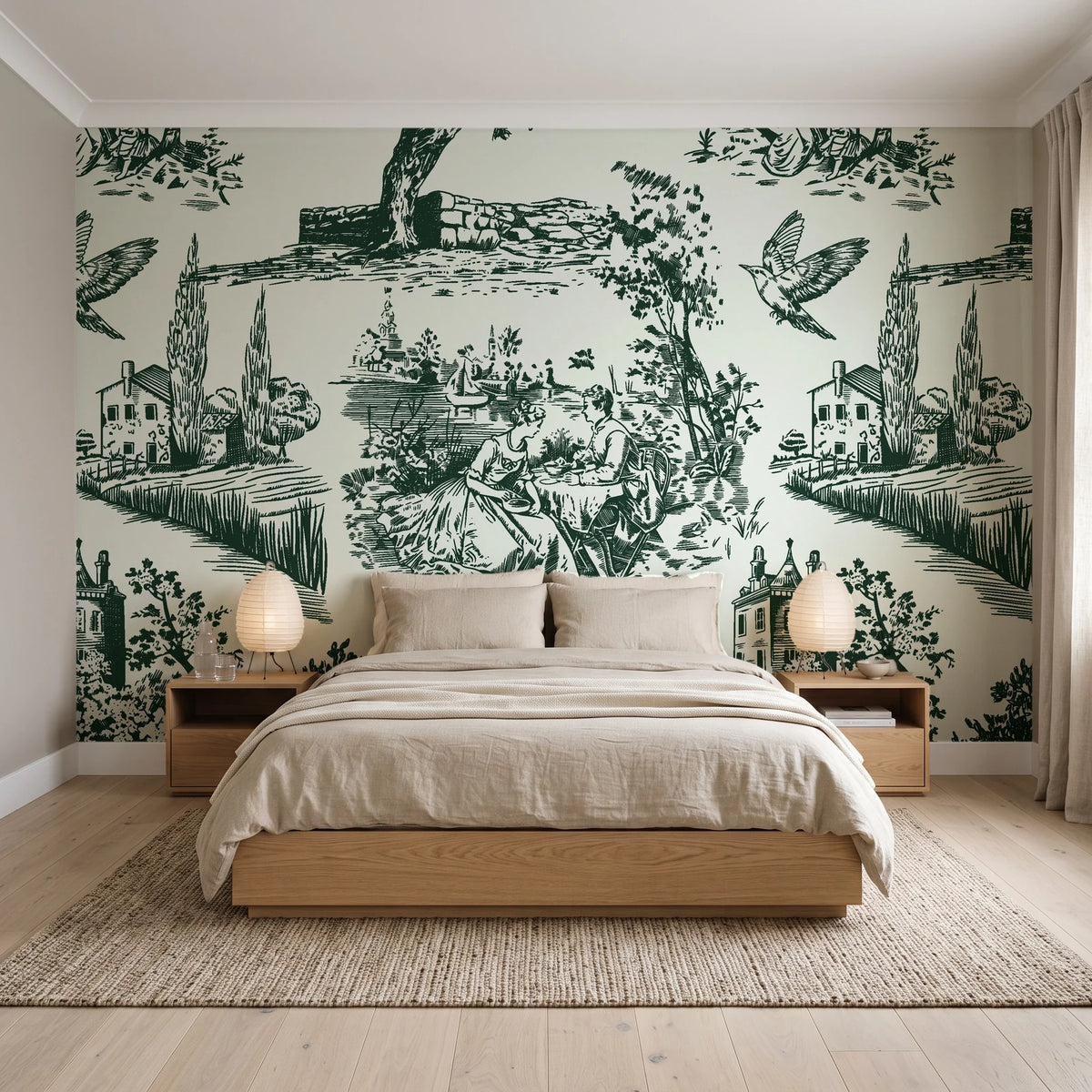 Inked Grove Forest pastoral toile wallpaper behind a low platform bed in a serene Japandi bedroom