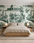 Inked Grove Forest pastoral toile wallpaper behind a low platform bed in a serene Japandi bedroom