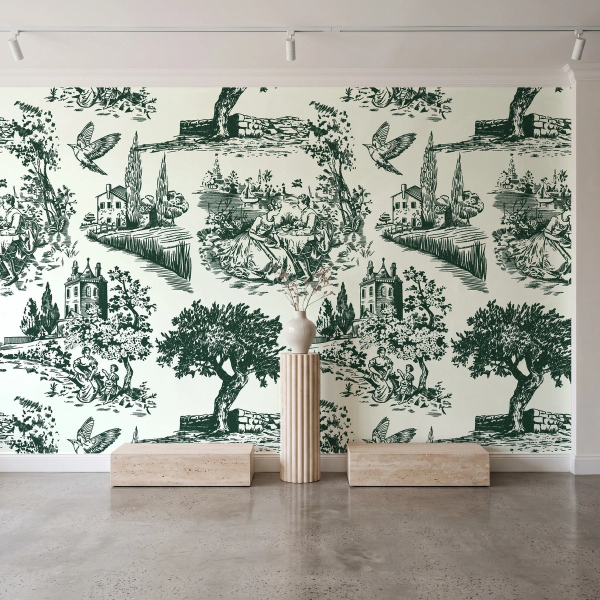 Inked Grove Forest pastoral toile wallpaper behind a travertine pedestal and vase in a minimal boutique