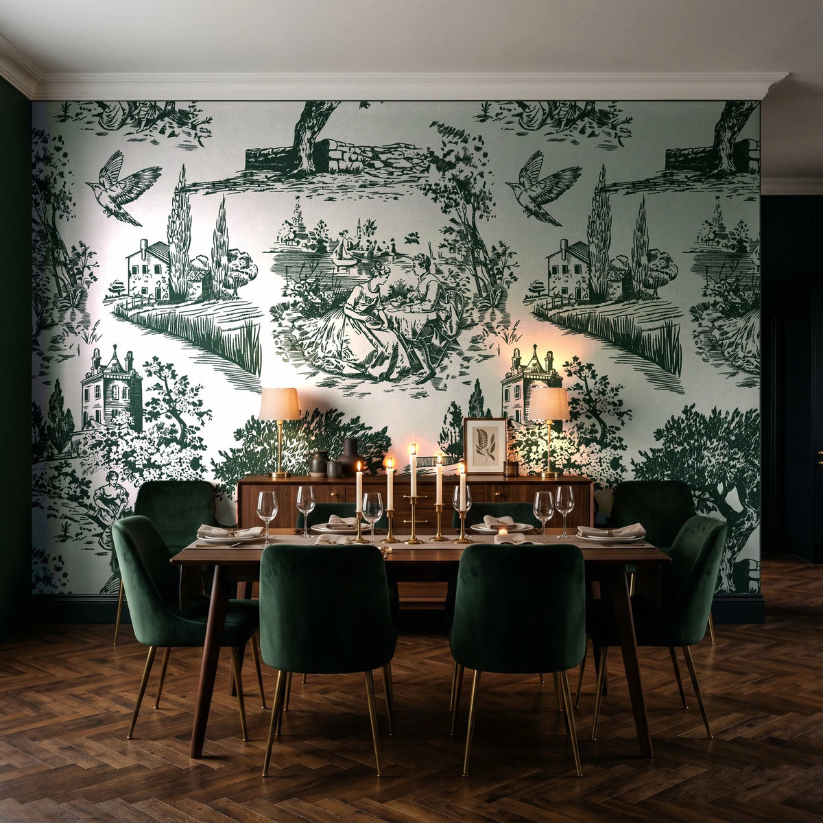 Inked Grove Forest pastoral toile wallpaper in a dark moody dining room with a candlelit table