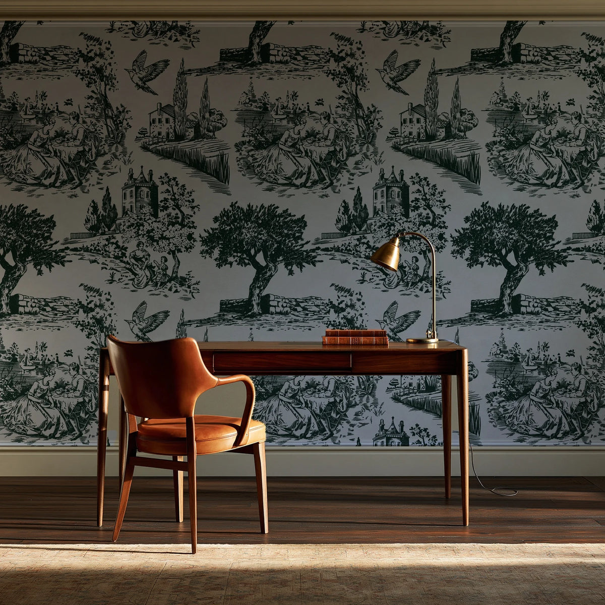 Inked Grove Forest pastoral toile wallpaper as a feature wall in a home study