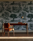 Inked Grove Forest pastoral toile wallpaper as a feature wall in a home study