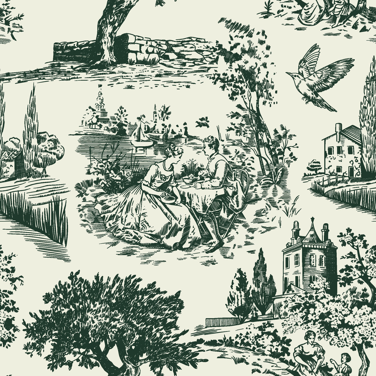 Inked Grove Forest pastoral toile wallpaper in forest green and cream