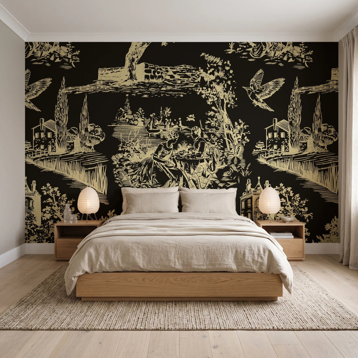 Inked Grove Gilt pastoral toile wallpaper behind a low platform bed in a serene Japandi bedroom
