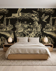 Inked Grove Gilt pastoral toile wallpaper behind a low platform bed in a serene Japandi bedroom