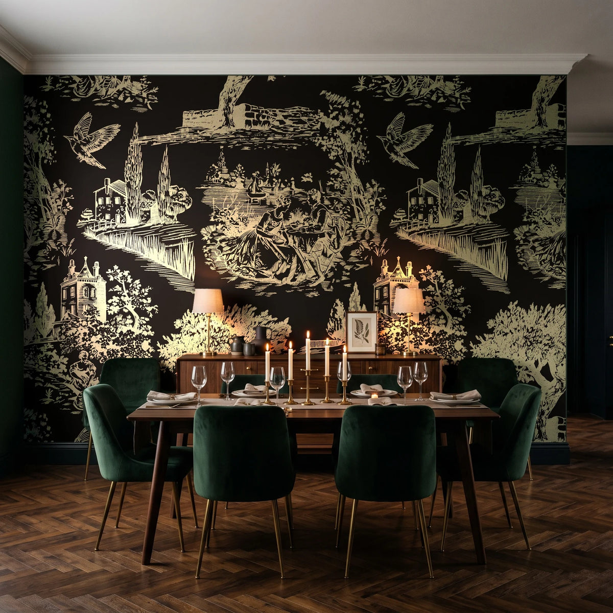Inked Grove Gilt pastoral toile wallpaper in a dark moody dining room with a candlelit table