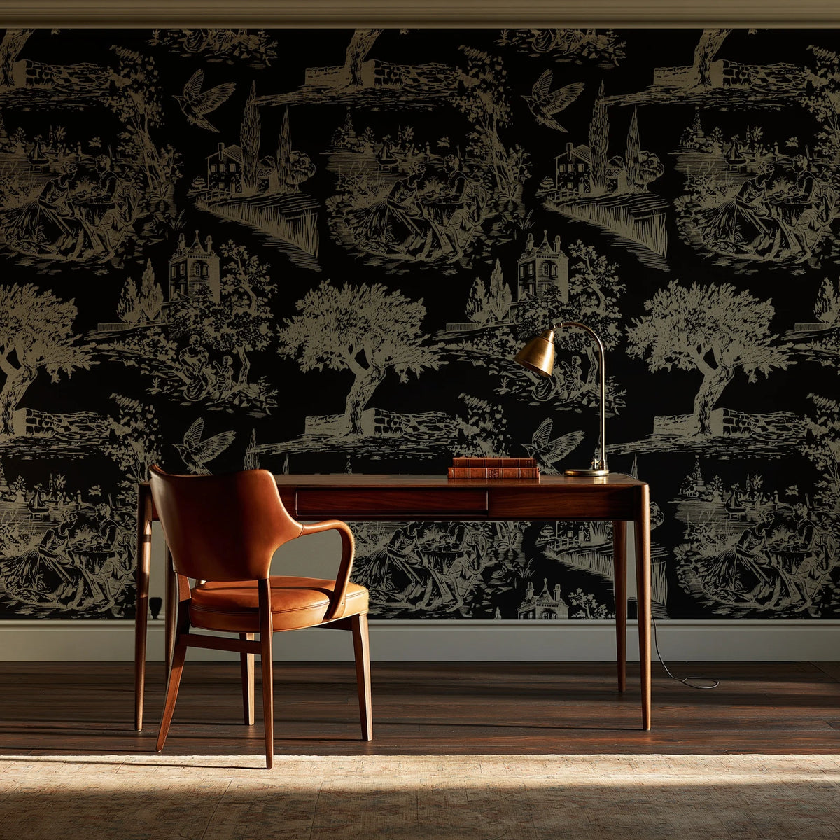 Inked Grove Gilt pastoral toile wallpaper as a feature wall in a home study