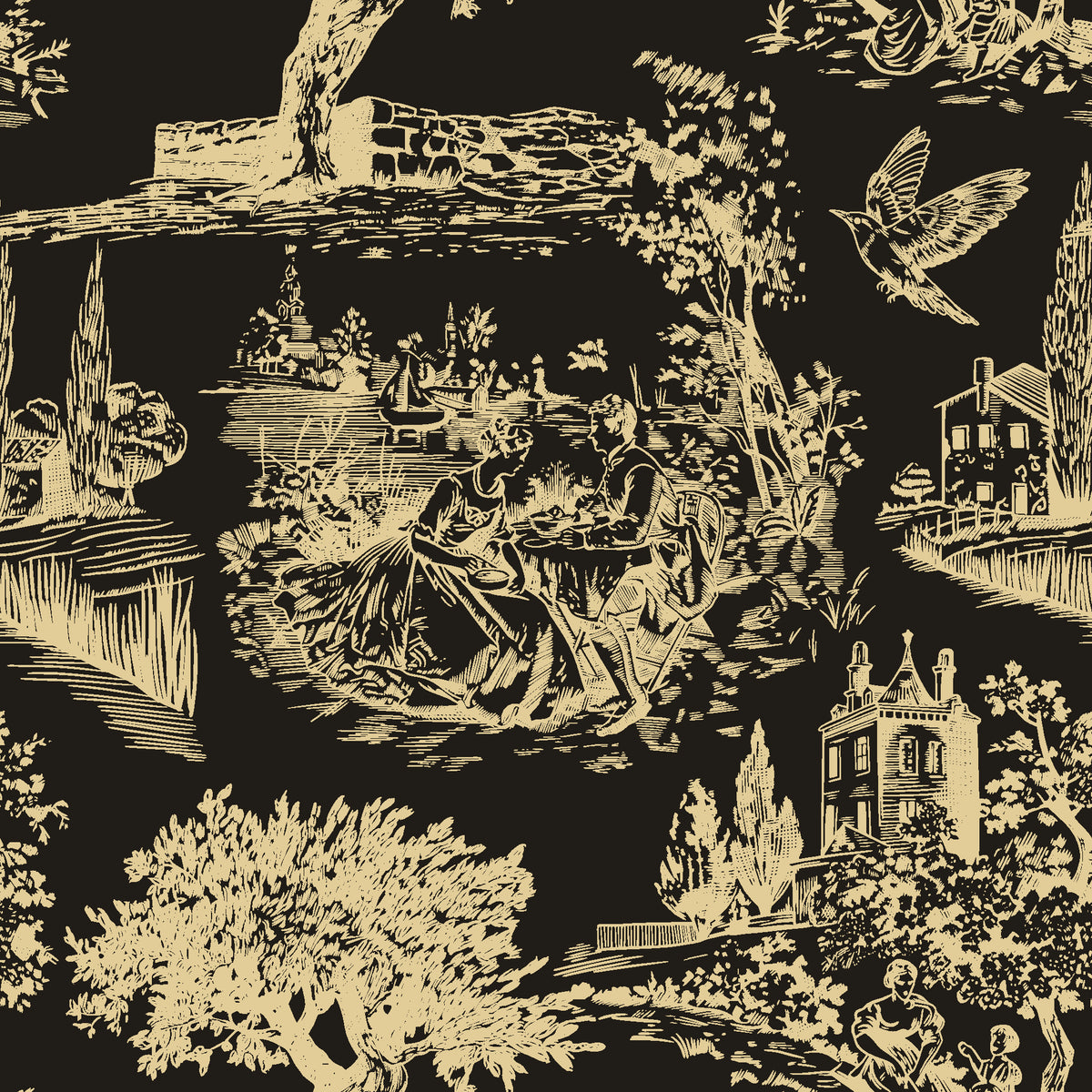Inked Grove Gilt pastoral toile wallpaper in gold and black