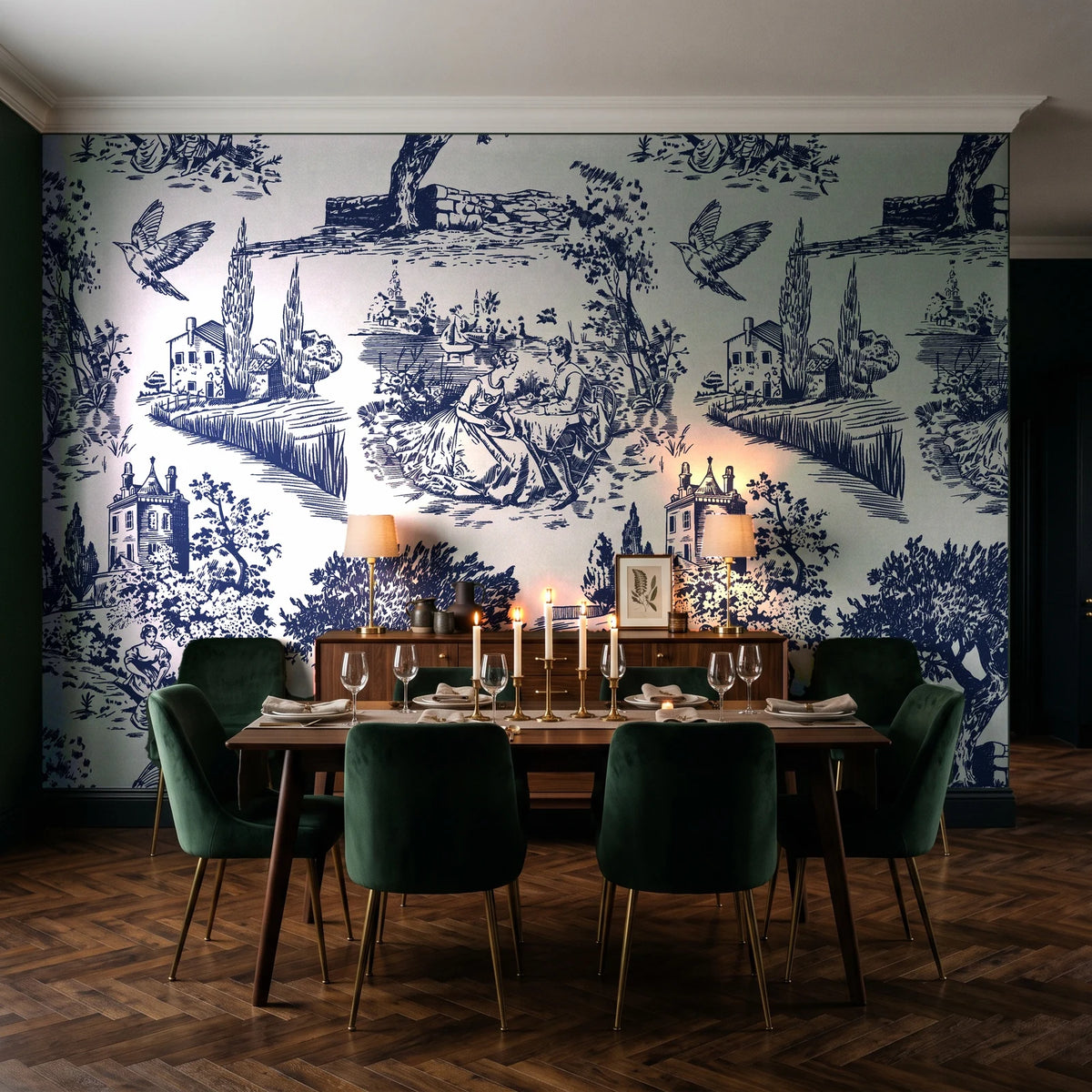Inked Grove Midnight pastoral toile wallpaper in a dark moody dining room with a candlelit table