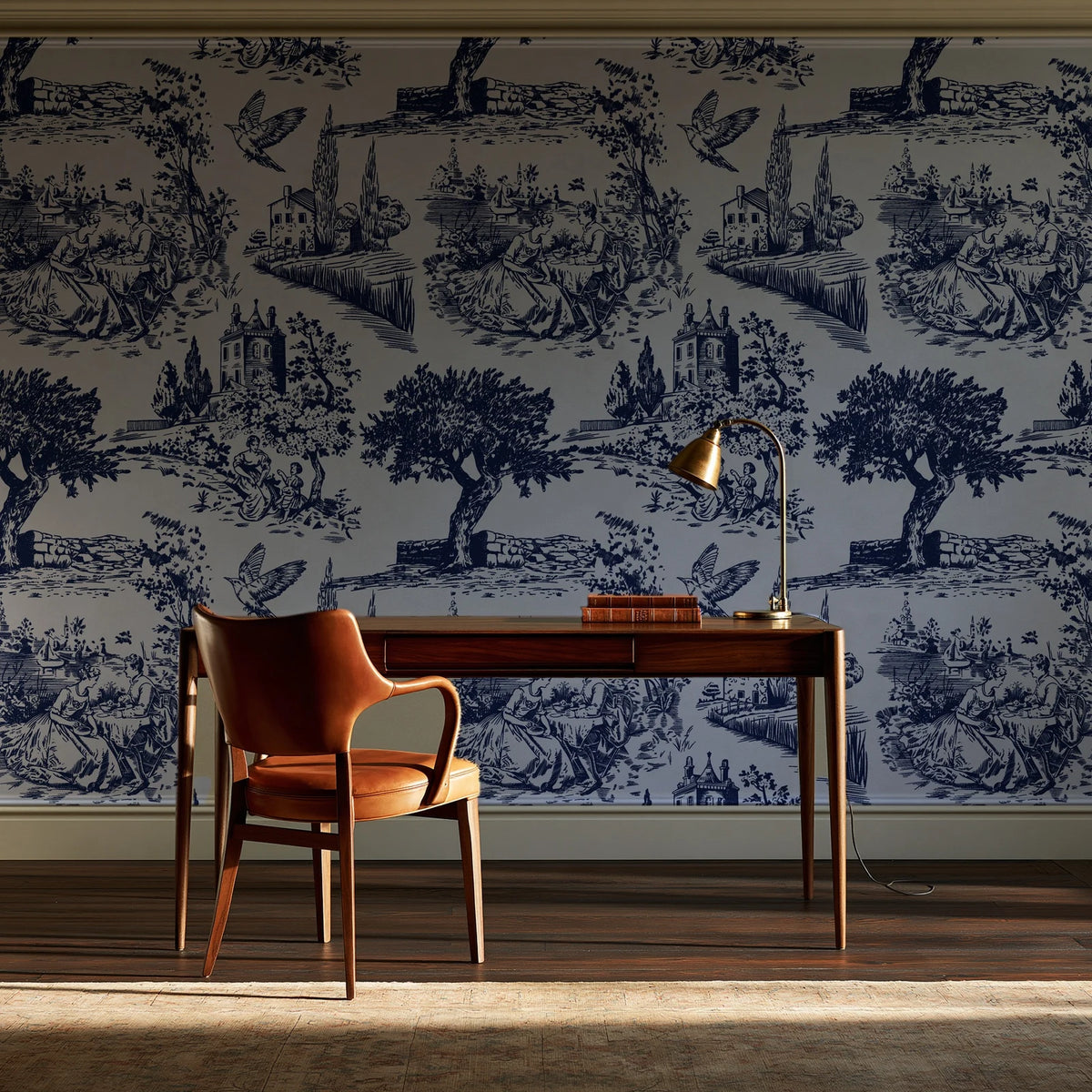 Inked Grove Midnight pastoral toile wallpaper as a feature wall in a home study