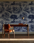 Inked Grove Midnight pastoral toile wallpaper as a feature wall in a home study