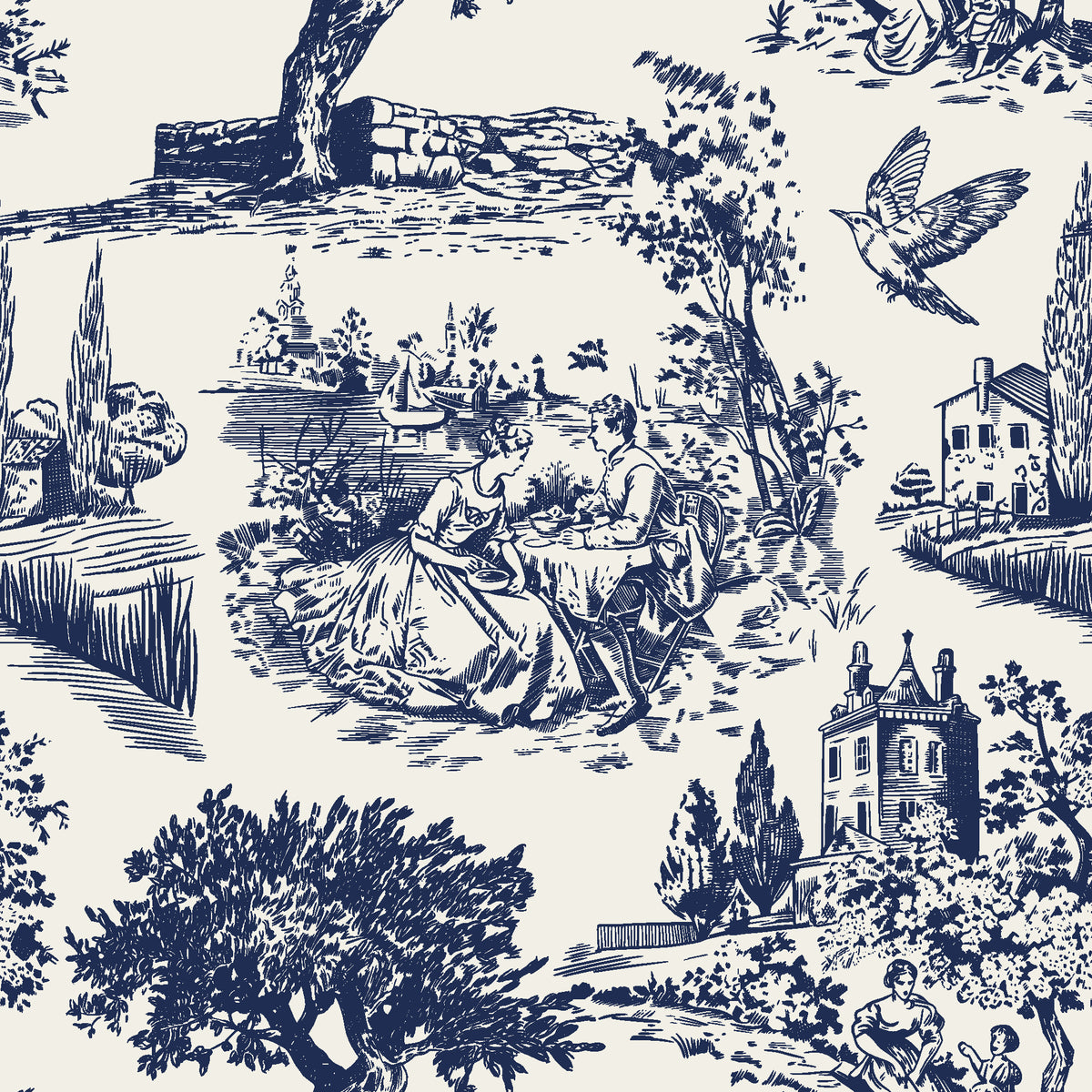 Inked Grove Midnight pastoral toile wallpaper in midnight blue and ivory