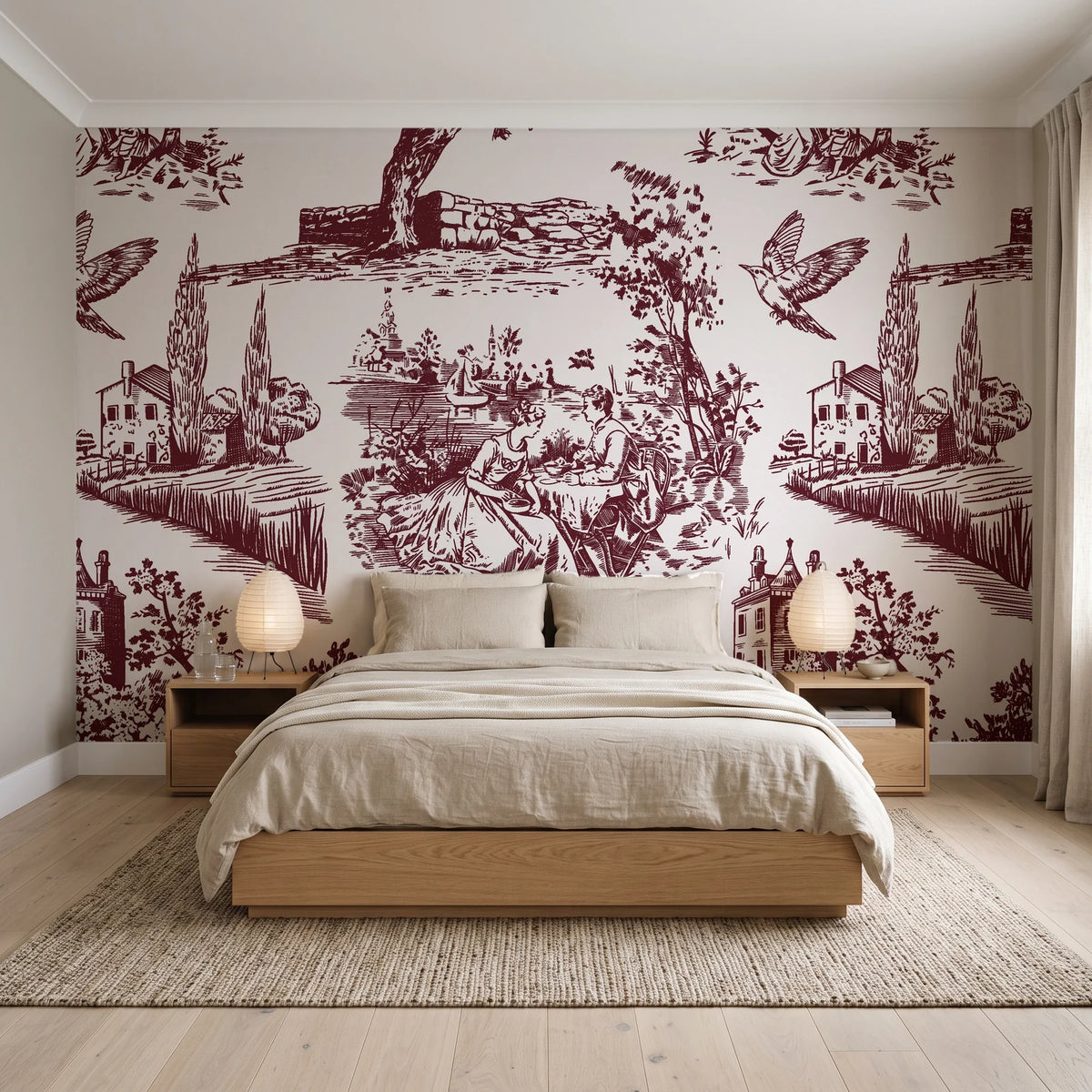 Inked Grove Oxblood pastoral toile wallpaper behind a low platform bed in a serene Japandi bedroom