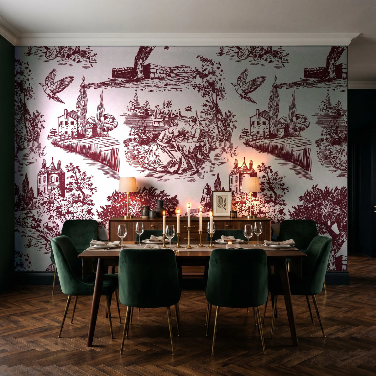 Inked Grove Oxblood pastoral toile wallpaper in a dark moody dining room with a candlelit table
