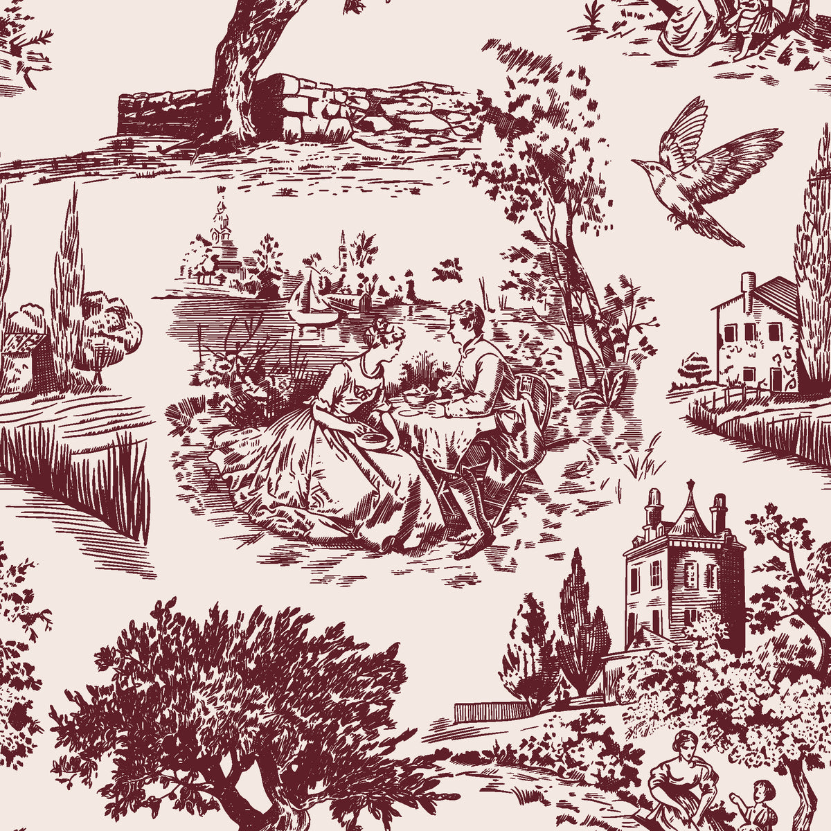 Inked Grove Oxblood pastoral toile wallpaper in oxblood and blush