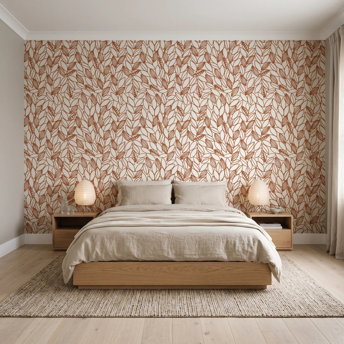 Khaki Leaf Clay botanical leaf wallpaper behind a low platform bed in a serene Japandi bedroom