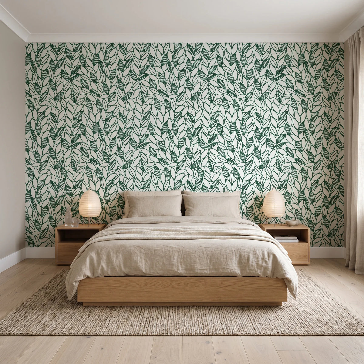 Khaki Leaf Evergreen botanical leaf wallpaper behind a low platform bed in a serene Japandi bedroom