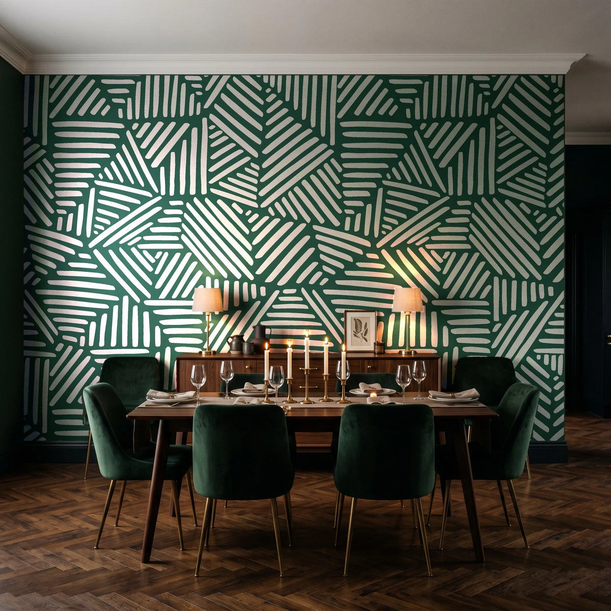 Kinetic Etch Emerald hand-drawn lines wallpaper in a dark moody dining room with a candlelit table