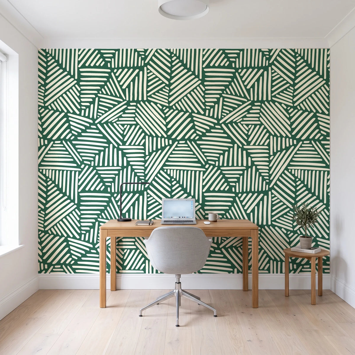 Kinetic Etch Emerald hand-drawn lines wallpaper behind a modern oak desk in a bright home office