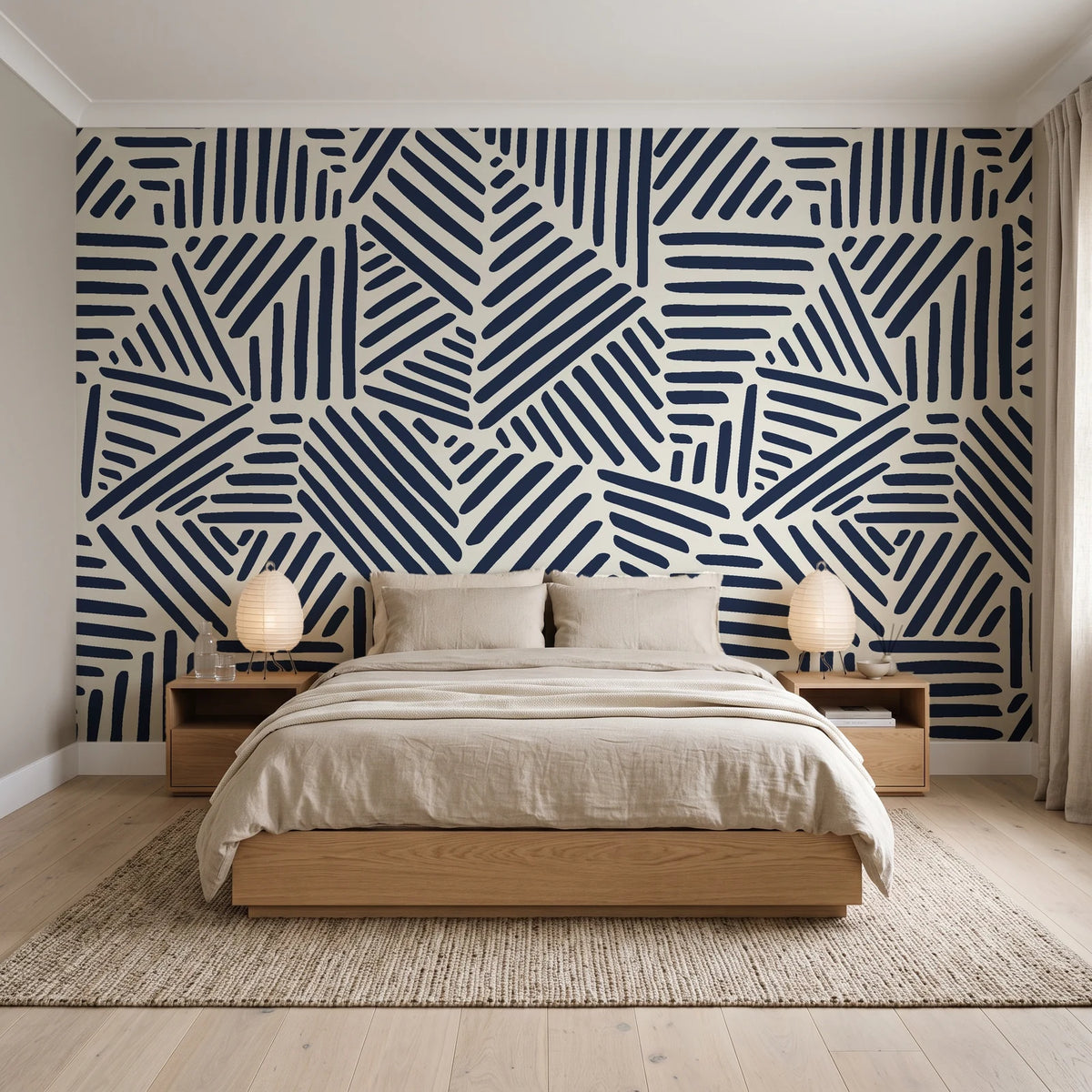 Kinetic Etch Ink hand-drawn lines wallpaper behind a low platform bed in a serene Japandi bedroom