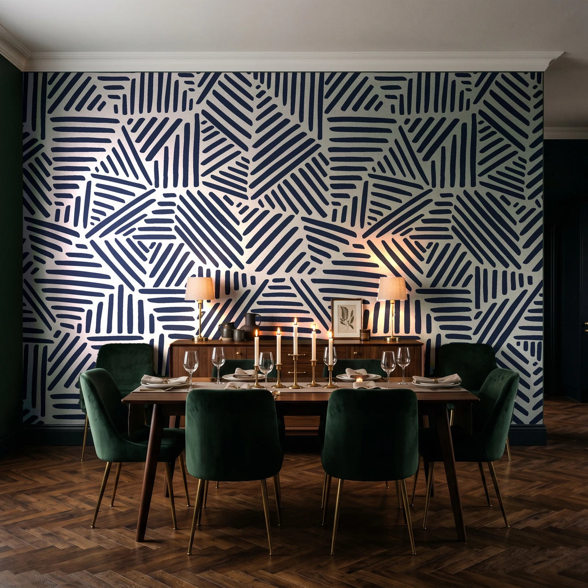 Kinetic Etch Ink hand-drawn lines wallpaper in a dark moody dining room with a candlelit table