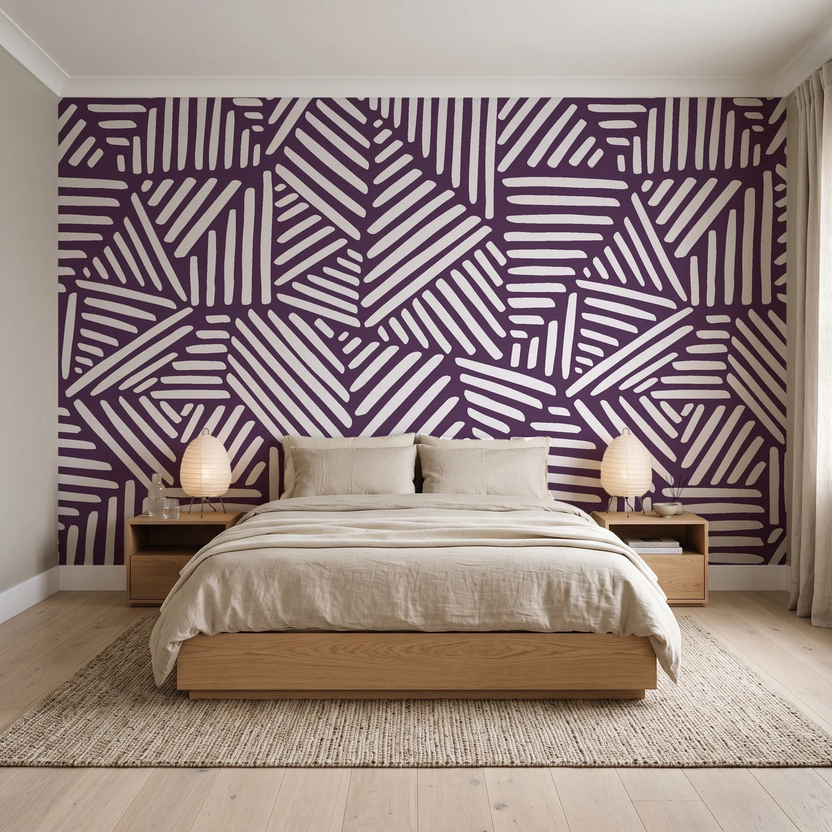 Kinetic Etch Plum hand-drawn lines wallpaper behind a low platform bed in a serene Japandi bedroom