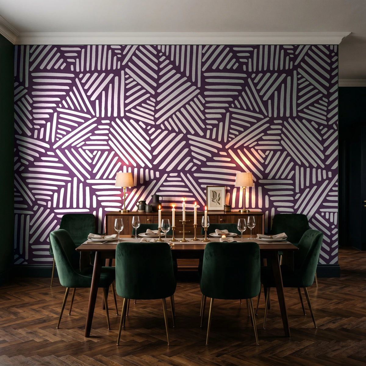 Kinetic Etch Plum hand-drawn lines wallpaper in a dark moody dining room with a candlelit table