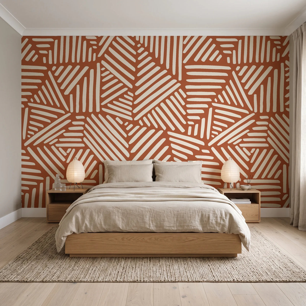 Kinetic Etch Terracotta hand-drawn lines wallpaper behind a low platform bed in a serene Japandi bedroom