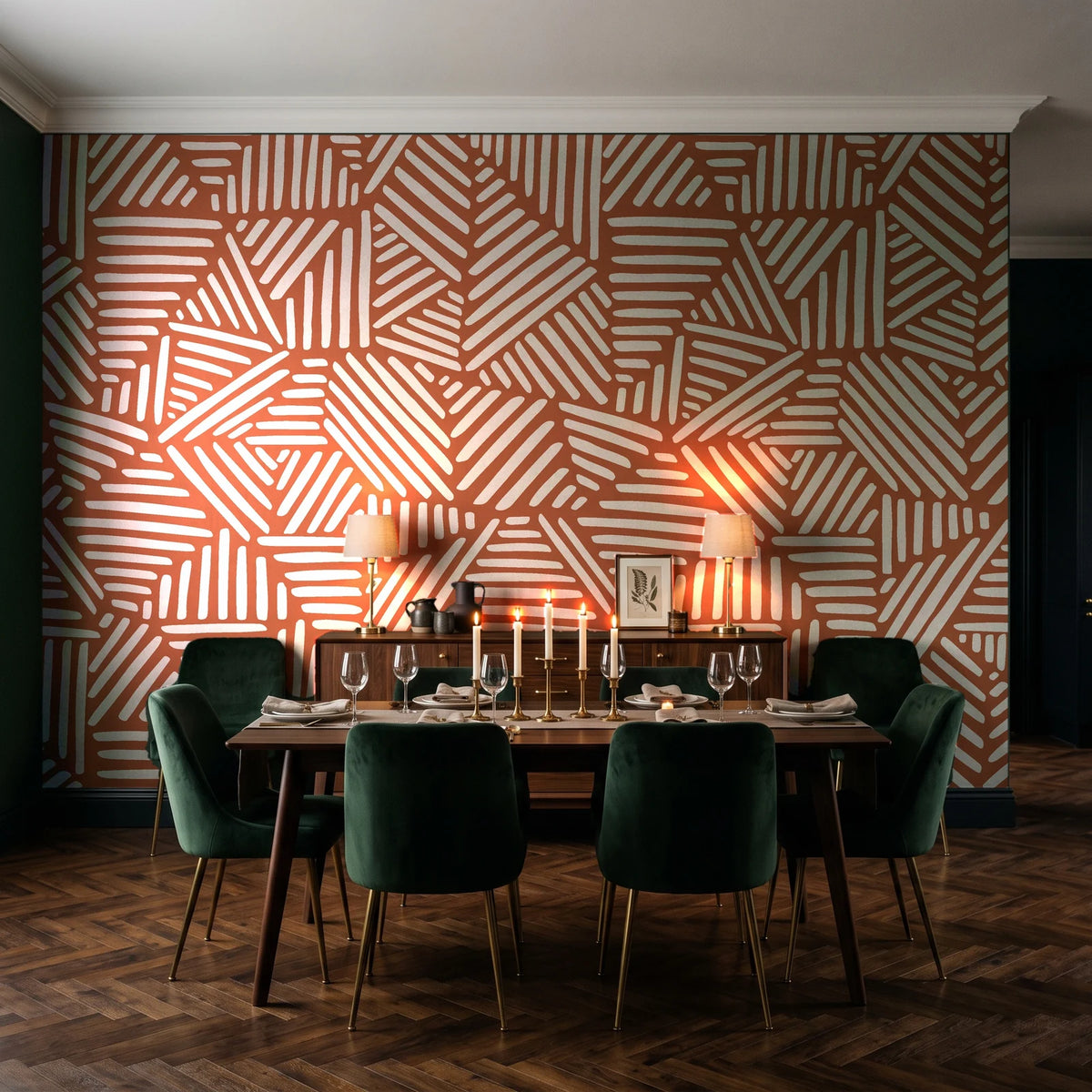 Kinetic Etch Terracotta hand-drawn lines wallpaper in a dark moody dining room with a candlelit table