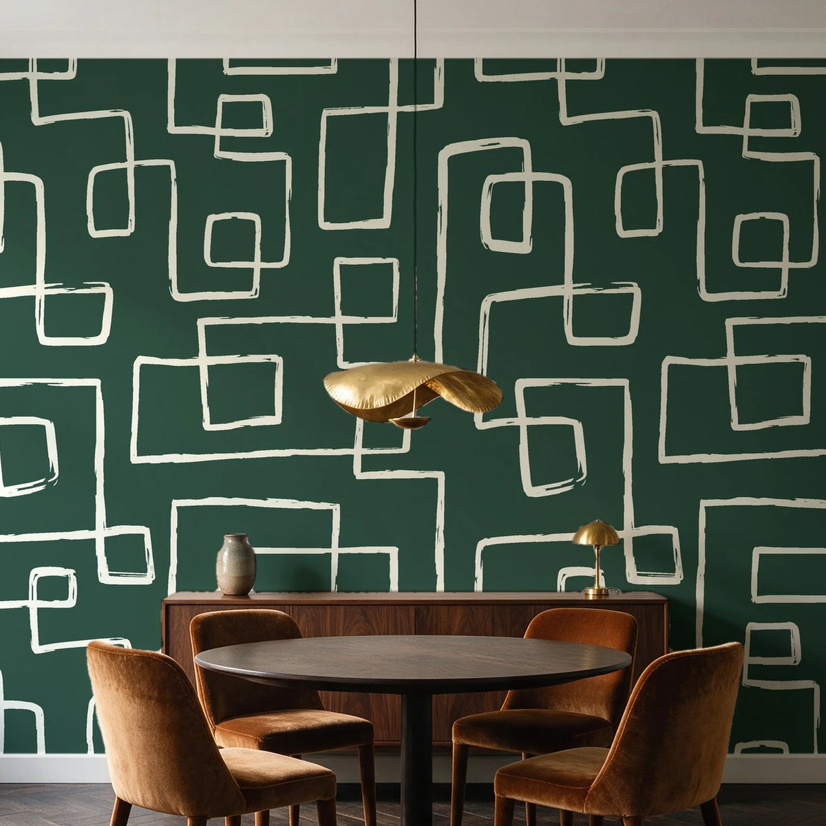 Linear Circuit Emerald minimalist line wallpaper behind a walnut credenza and round table in an elegant dining room