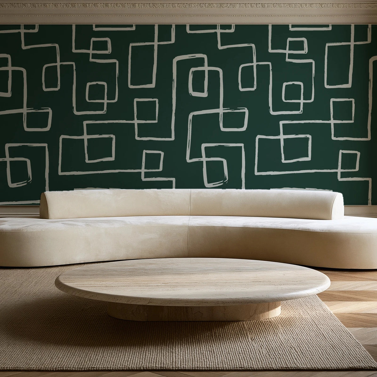 Linear Circuit Emerald minimalist line wallpaper in an elegant living room