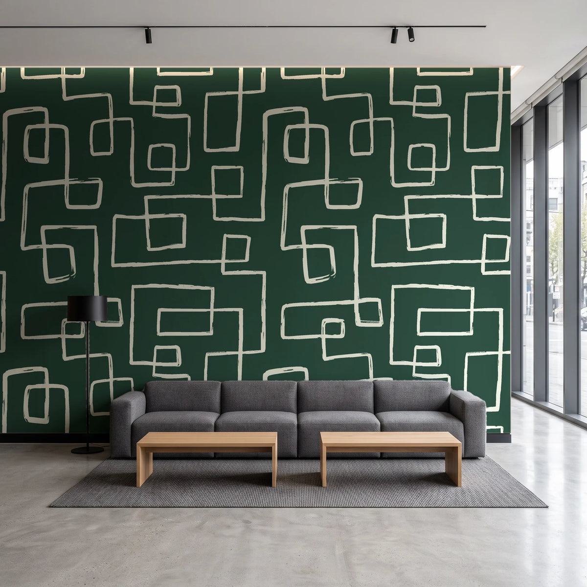 Linear Circuit Emerald minimalist line wallpaper in a contemporary commercial office lobby