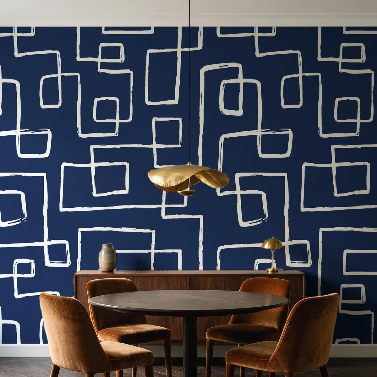 Linear Circuit Navy minimalist line wallpaper behind a walnut credenza and round table in an elegant dining room