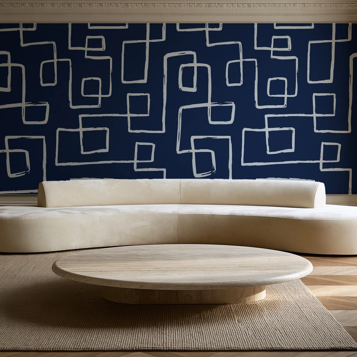 Linear Circuit Navy minimalist line wallpaper in an elegant living room