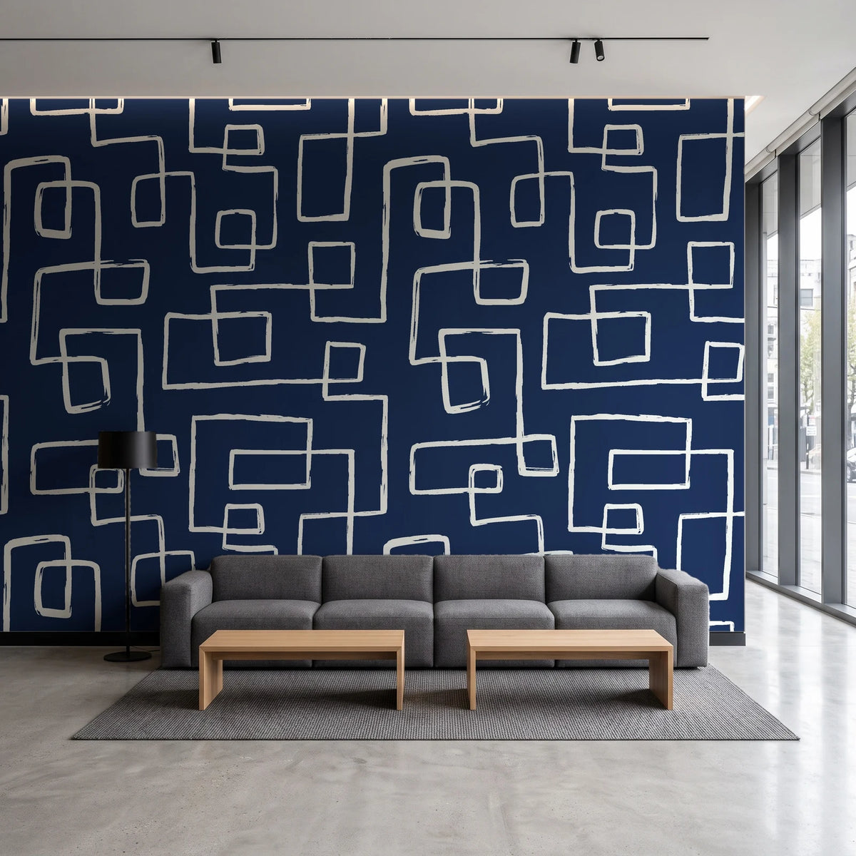 Linear Circuit Navy minimalist line wallpaper in a contemporary commercial office lobby