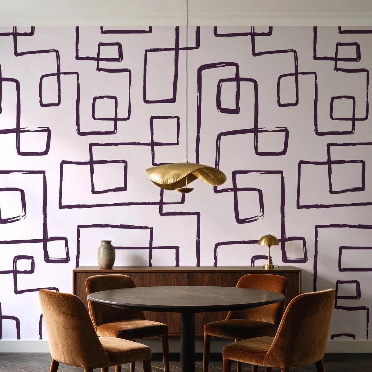 Linear Circuit Plum minimalist line wallpaper behind a walnut credenza and round table in an elegant dining room