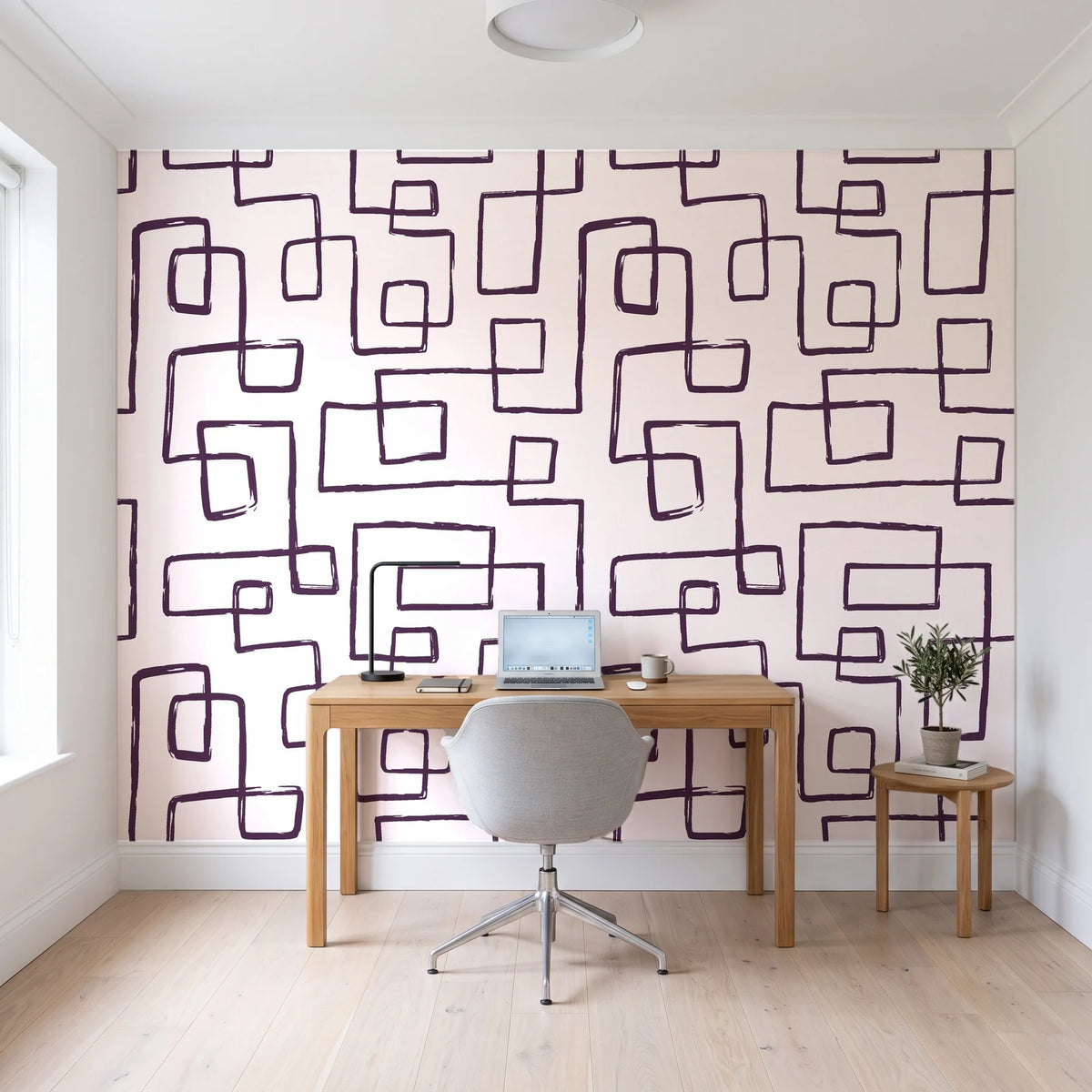 Linear Circuit Plum minimalist line wallpaper behind a modern oak desk in a bright home office