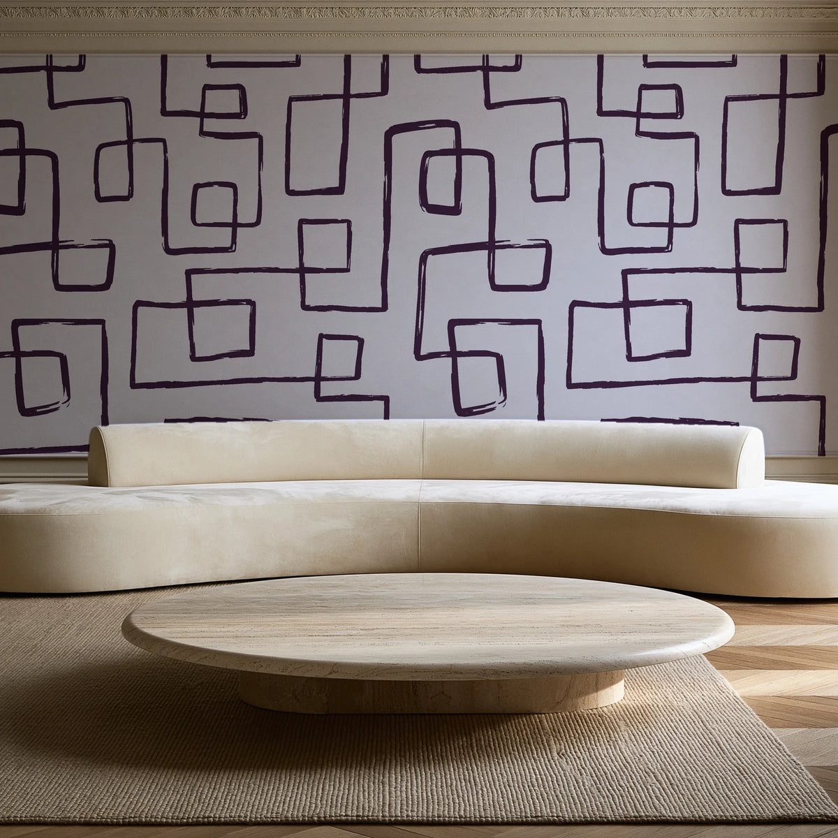 Linear Circuit Plum minimalist line wallpaper in an elegant living room