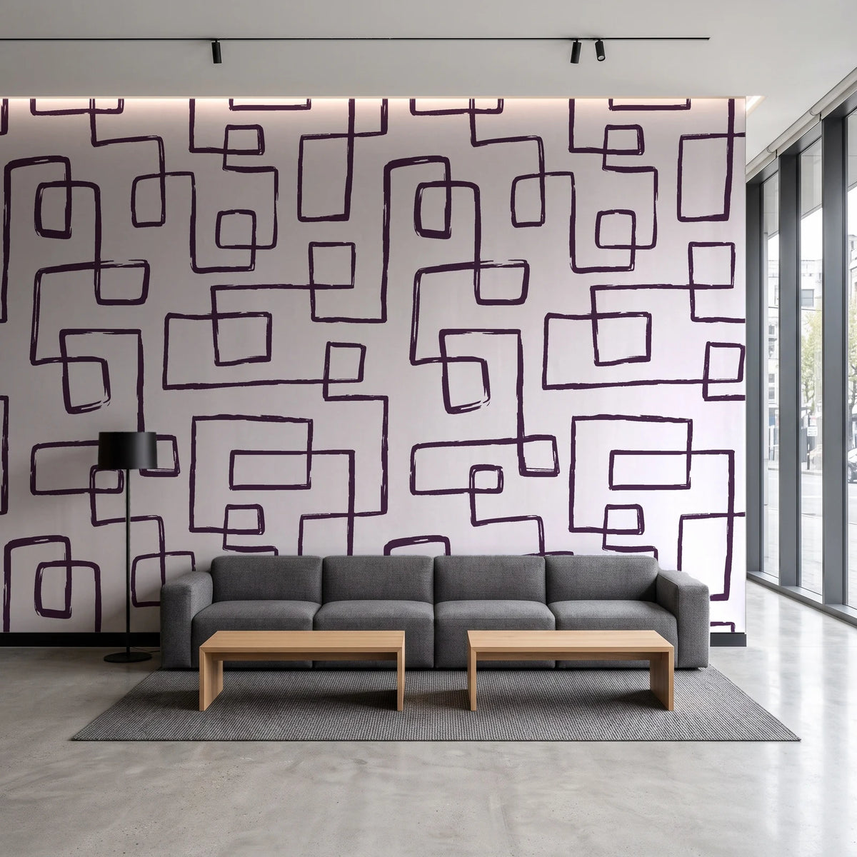 Linear Circuit Plum minimalist line wallpaper in a contemporary commercial office lobby