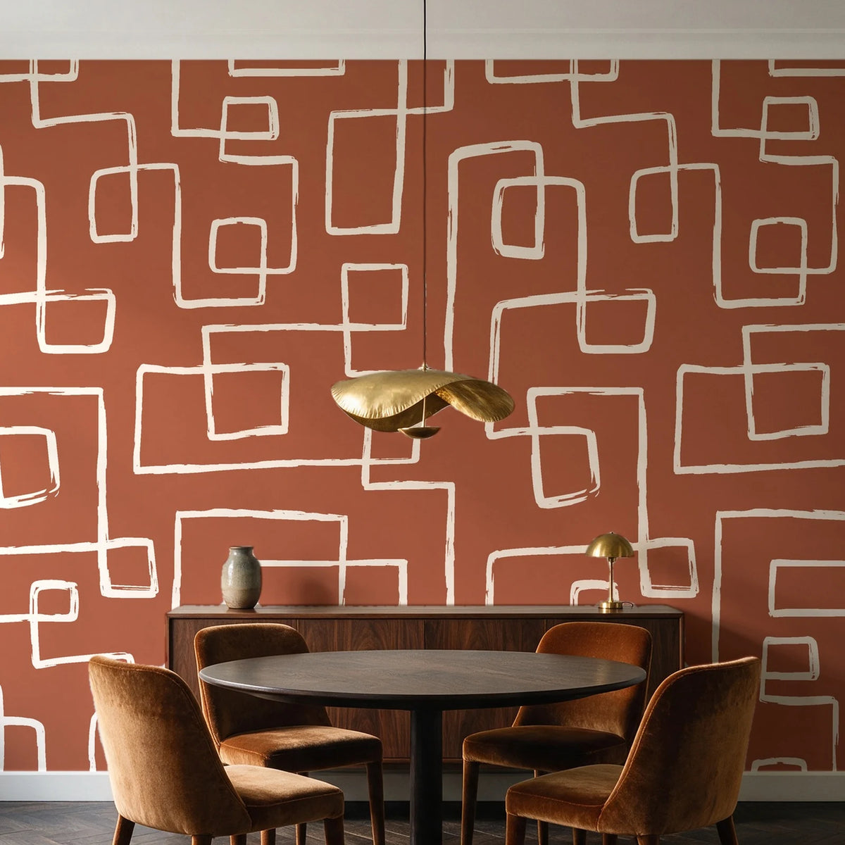 Linear Circuit Terracotta minimalist line wallpaper behind a walnut credenza and round table in an elegant dining room