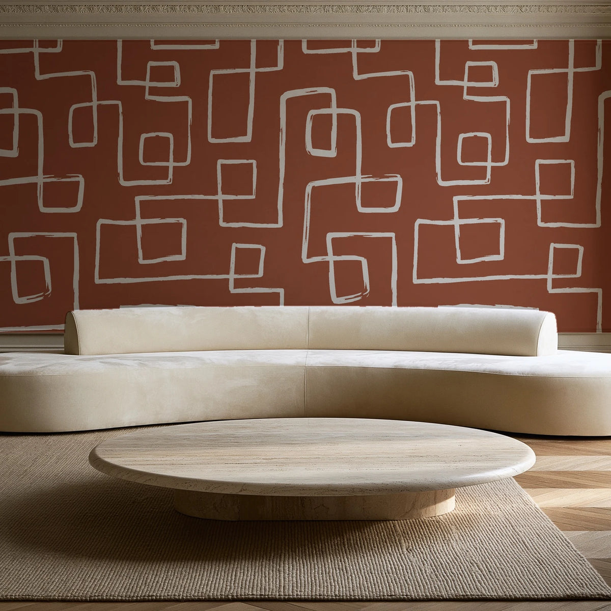 Linear Circuit Terracotta minimalist line wallpaper in an elegant living room
