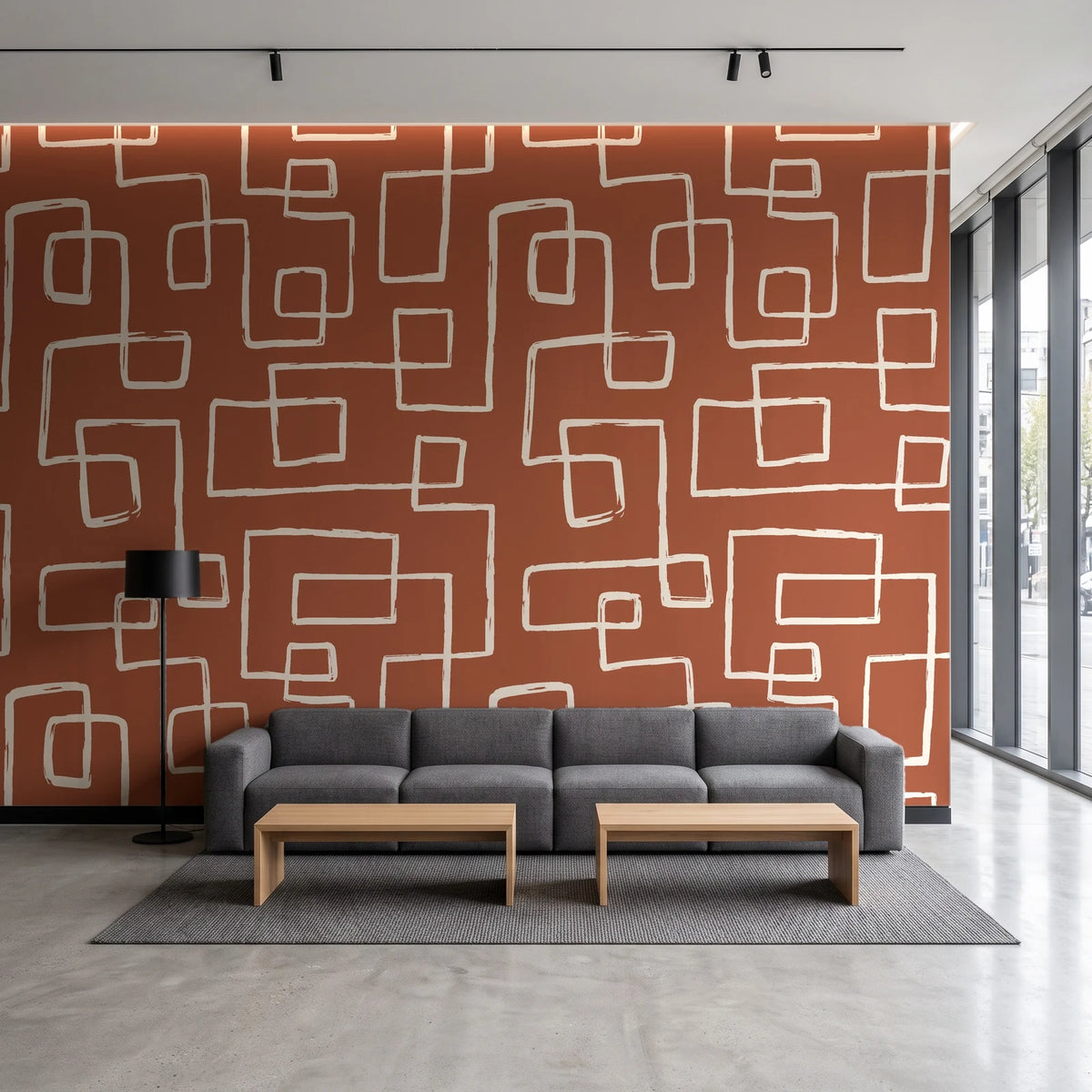 Linear Circuit Terracotta minimalist line wallpaper in a contemporary commercial office lobby