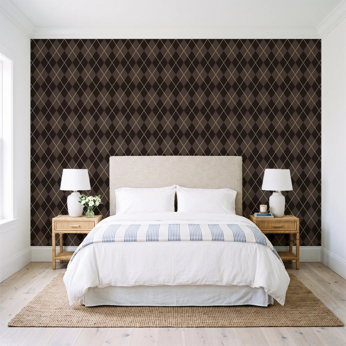 Linen Diamonds Espresso argyle wallpaper behind a queen bed in a bright coastal bedroom