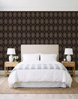Linen Diamonds Espresso argyle wallpaper behind a queen bed in a bright coastal bedroom