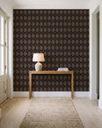 Linen Diamonds Espresso argyle wallpaper behind a console table in a light entry hallway