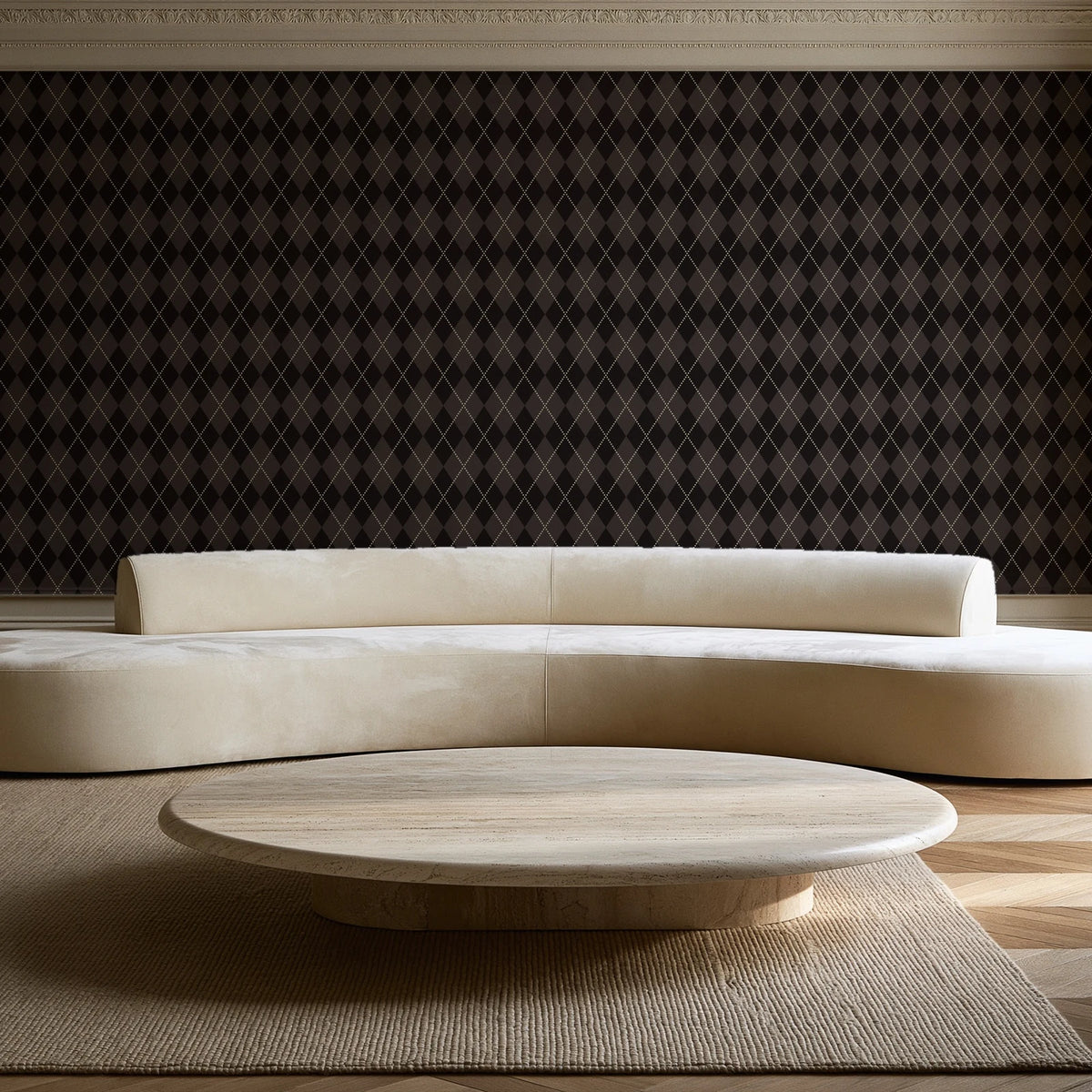 Linen Diamonds Espresso argyle wallpaper in an elegant living room
