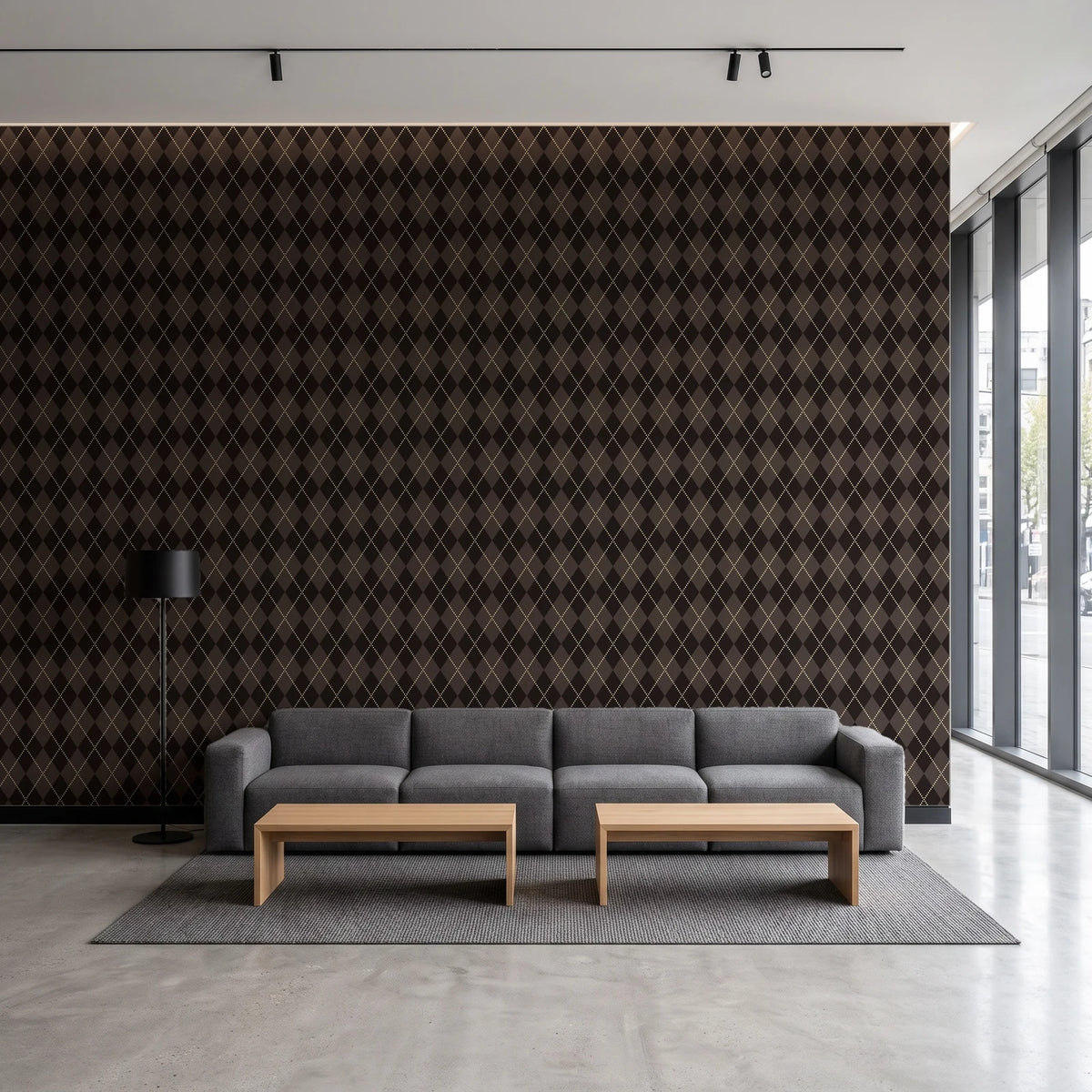 Linen Diamonds Espresso argyle wallpaper in a contemporary commercial office lobby
