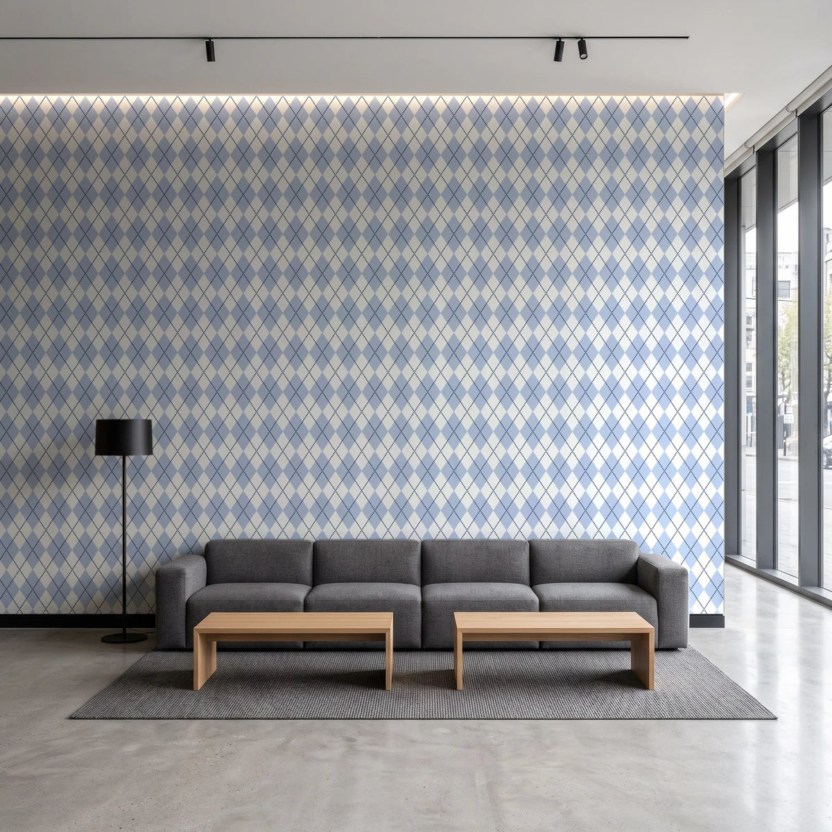 Linen Diamonds Navy argyle wallpaper in a contemporary commercial office lobby