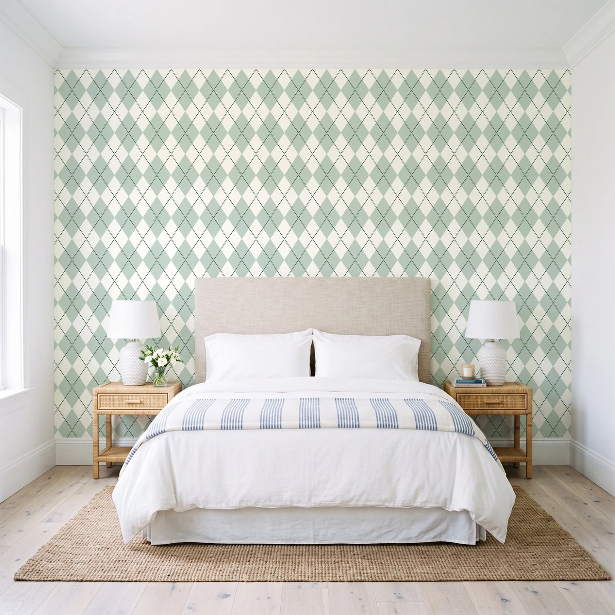 Linen Diamonds Sage argyle wallpaper behind a queen bed in a bright coastal bedroom